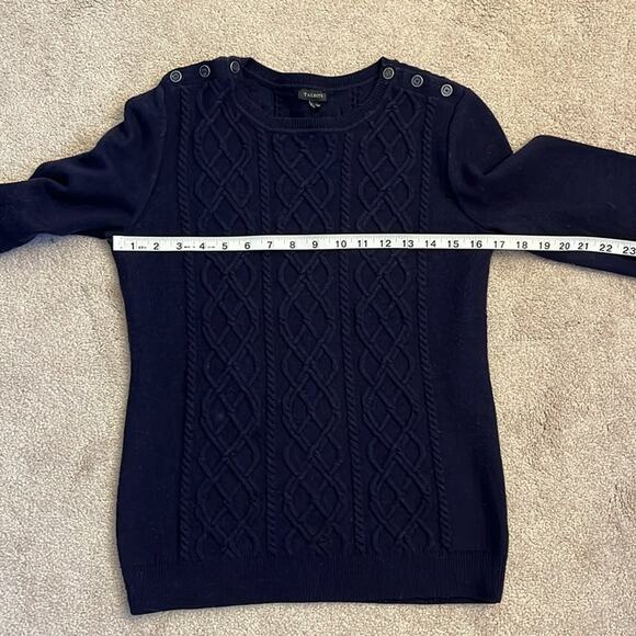 Talbots Cable Knit Fisherman Sweater Buttons Size S Navy Crew Neck Wool Blend - Picture 6 of 7